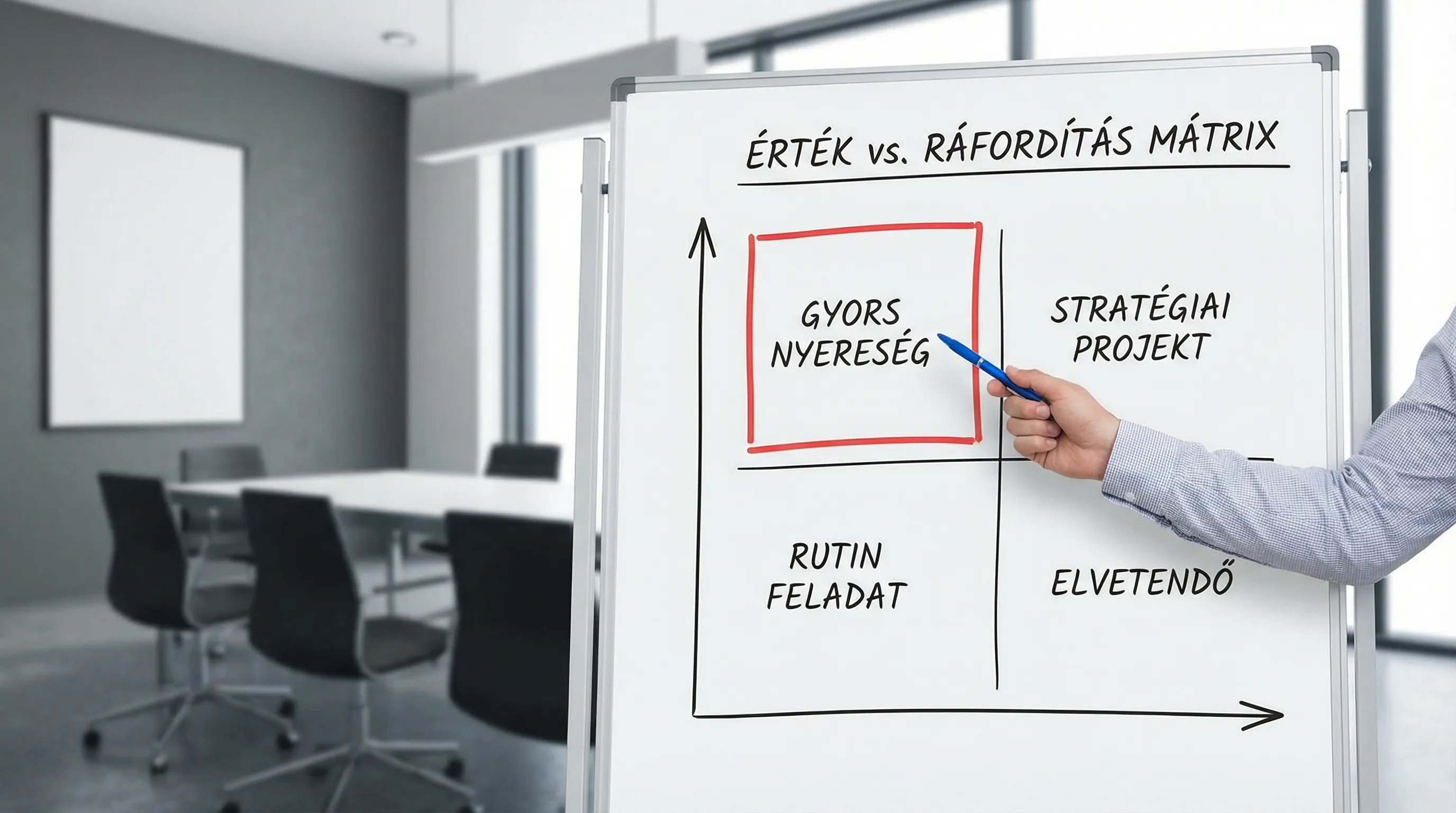Érték vs. ráfordítás mátrix szemléltető ábra négy kvadránssal, és kiemelve a „gyors nyereség” terület.