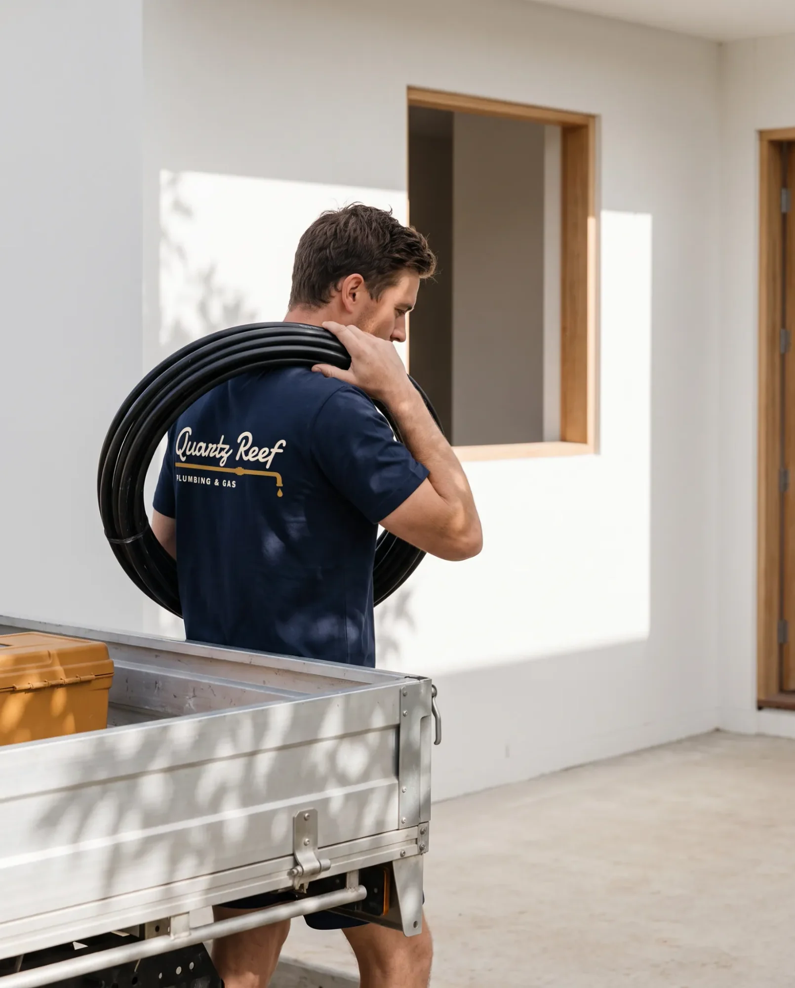 A plumber in a printed work tee carrying pipe to a ute