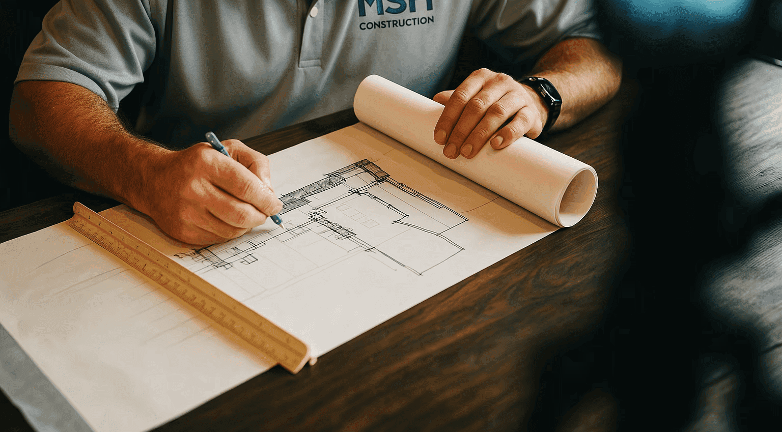 Close-up of contractor reviewing architectural blueprints with ruler and pen, wearing MSH Construction branded polo shirt