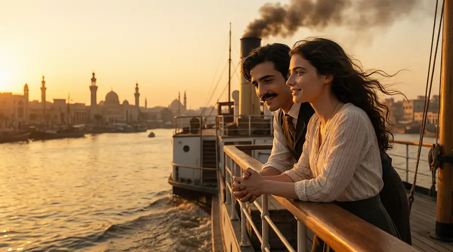 Two figures at a steamer rail at sunset, a domed skyline behind them