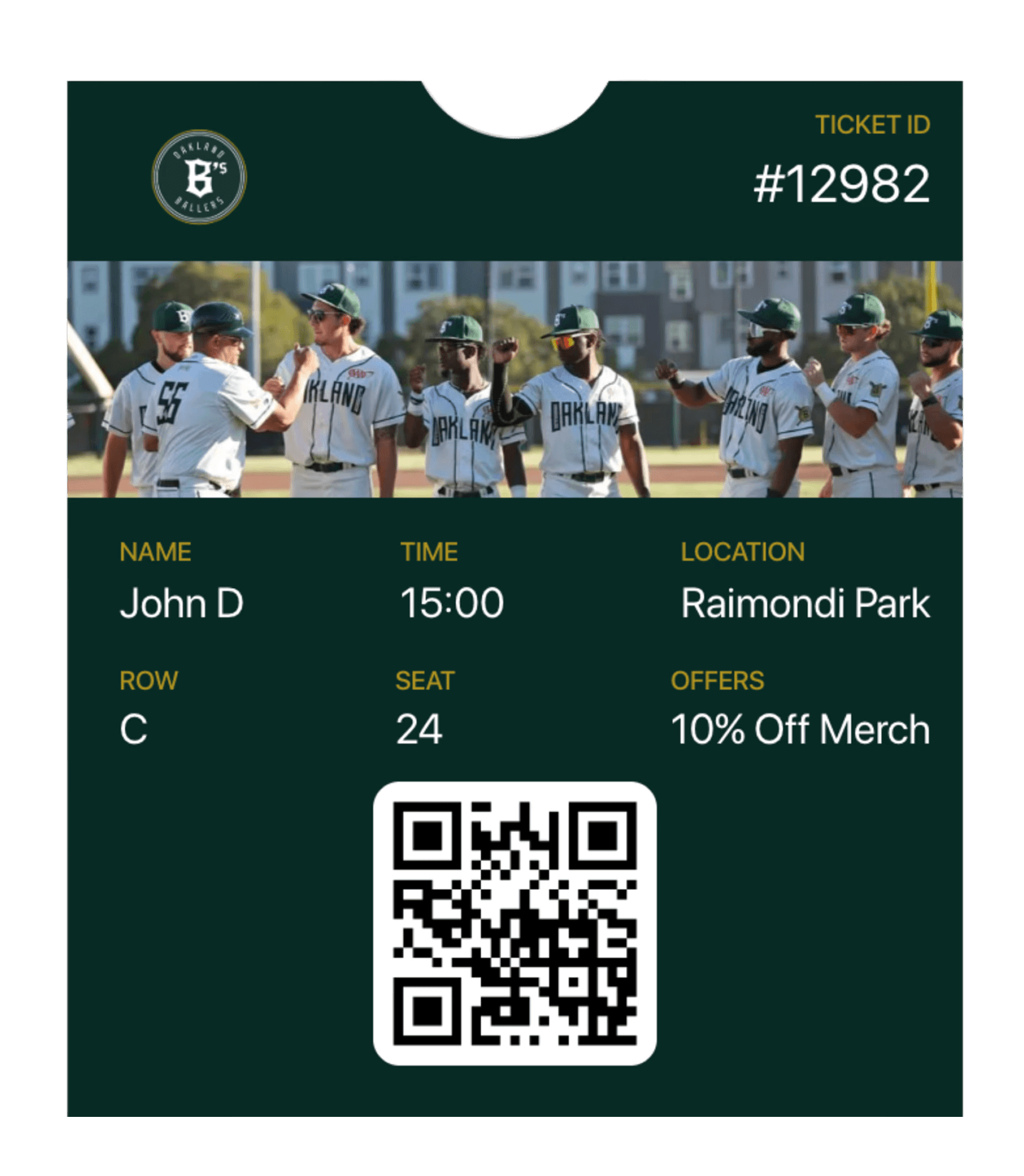 Digital ticket for a baseball game featuring event details, date, seat number, and a QR code for entry.