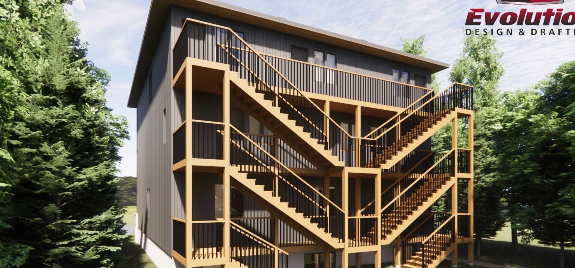 Rendering of the rear of 280 Queen Mary Street showing timber exterior stairs and walkways on each level of the townhouses