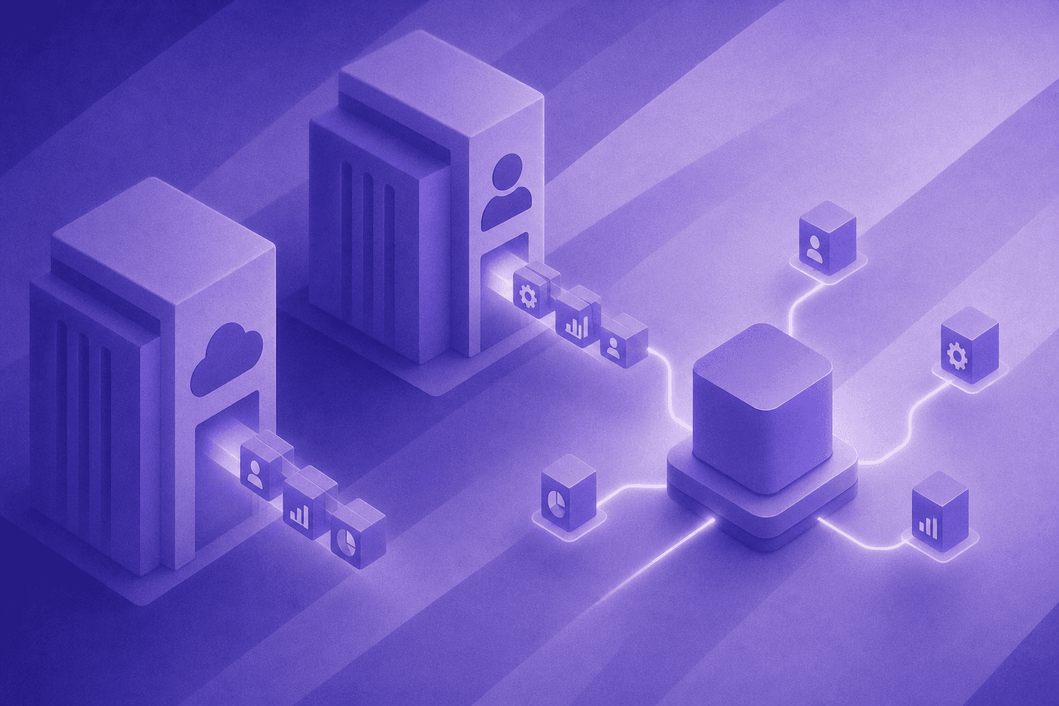 A conceptual B2B technology illustration showing two large corporate buildings labeled with CRM logos absorbing smaller software tools, while one independent modern platform stands apart connected to multiple CRM systems via glowing lines — flat design style with blue, teal, and dark navy tones, no text or labels, clean minimal aesthetic