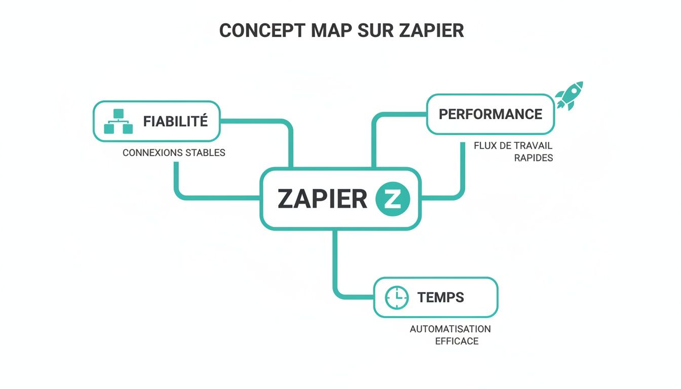Carte conceptuelle sur Zapier présentant ses avantages en termes de fiabilité, performance et gain de temps.