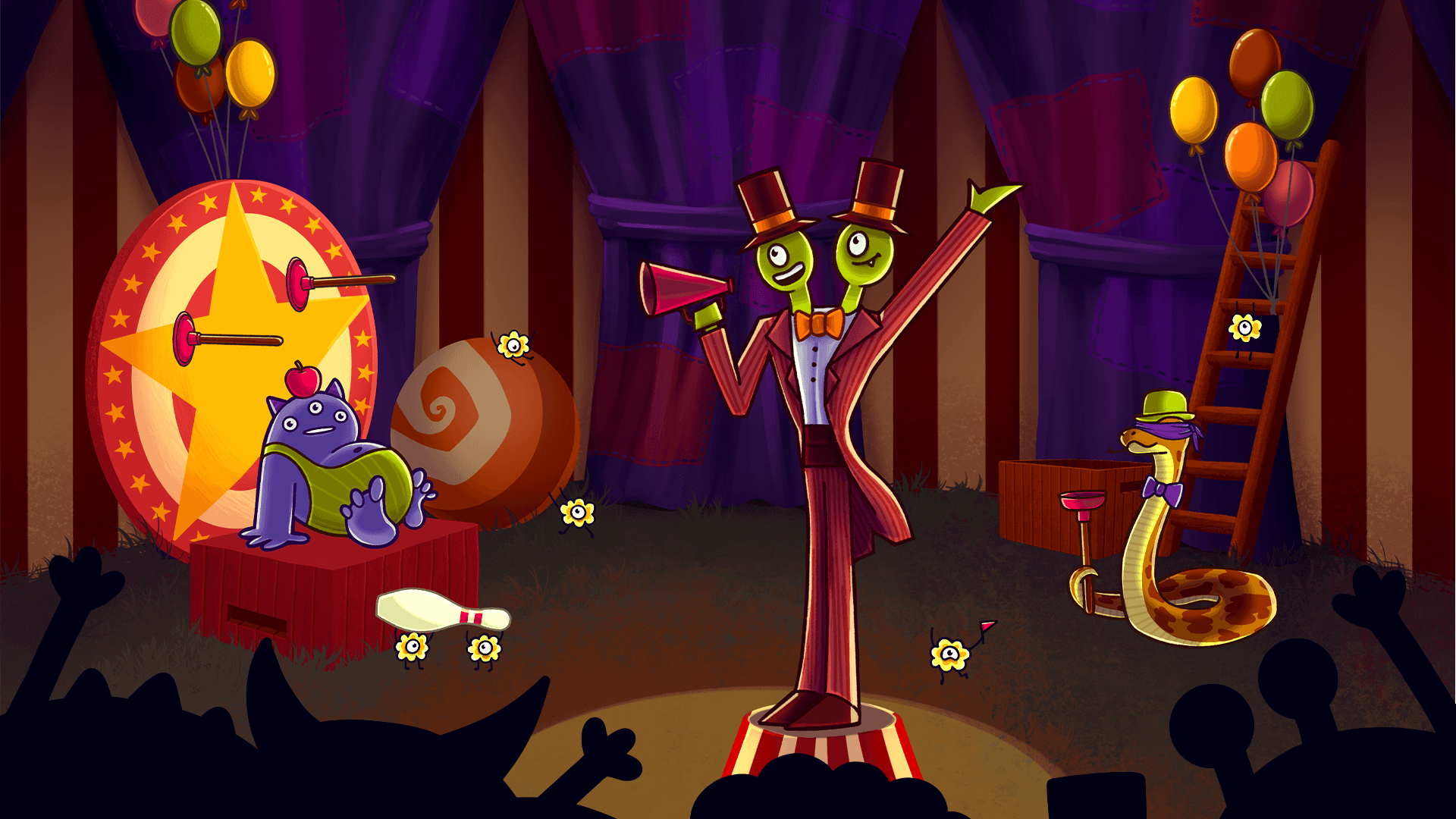 Spooktacular monsters putting on a show in the carnival's circus tent.