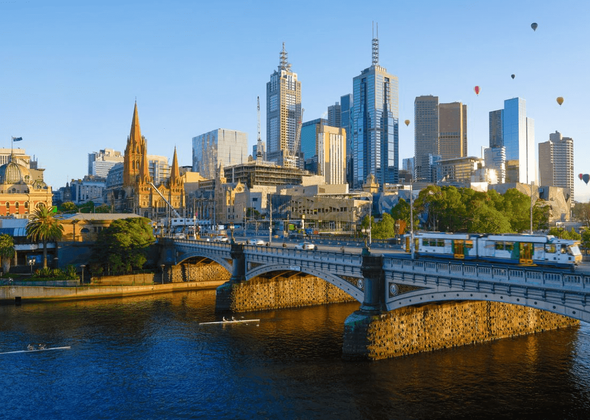 Melbourne skyline with bridge, train, and river.