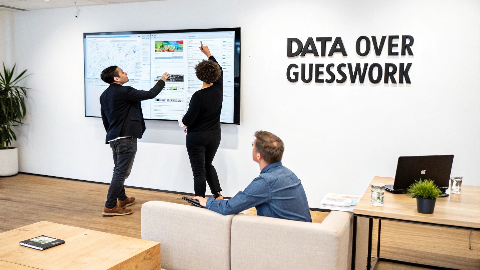 Three professionals collaborating in a modern office, discussing data on a large interactive screen.
