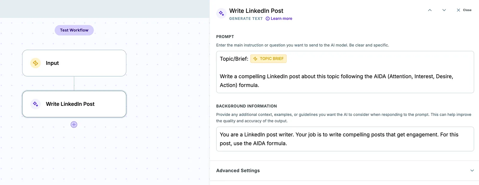 Screenshot of using a workflow to create LinkedIn post with CopyAI