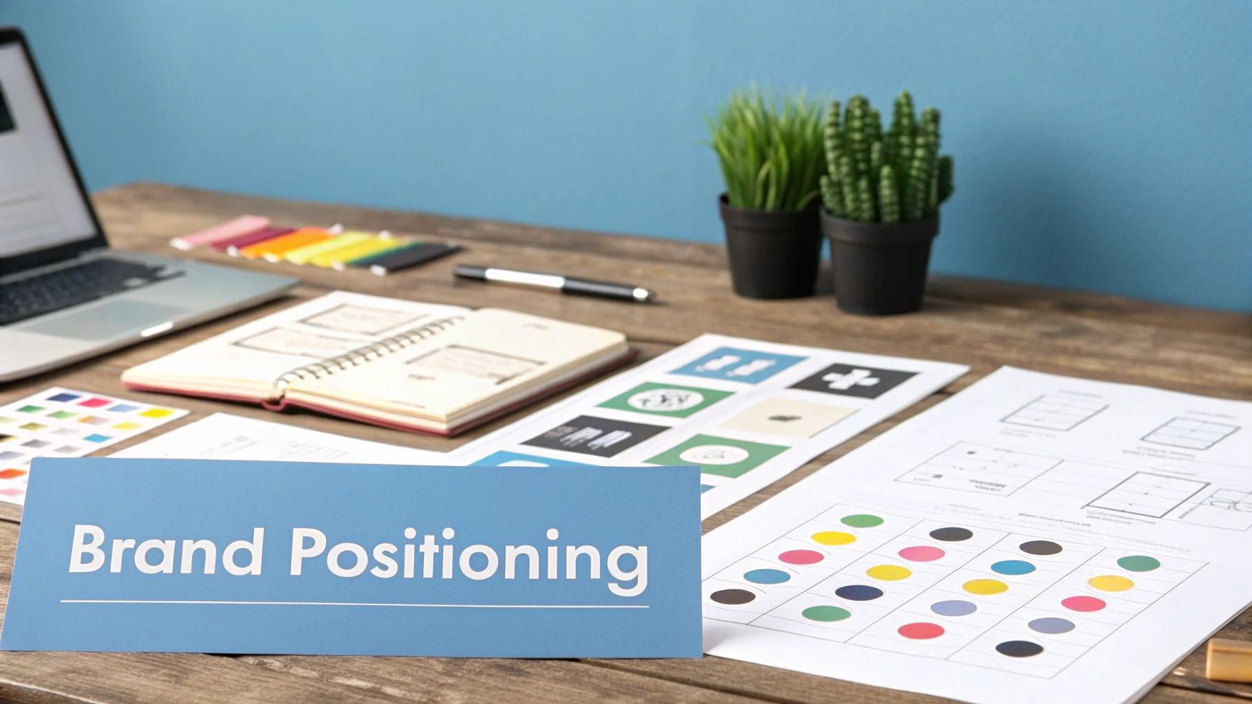 A 'Brand Positioning' sign on a wooden desk, surrounded by a laptop, color palettes, and marketing documents.