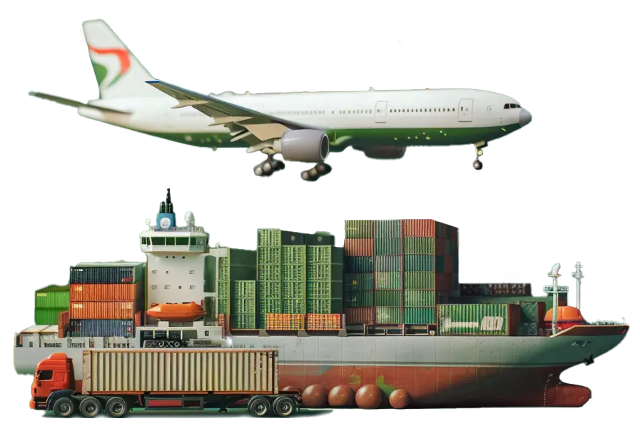 Airplain, container ship and truck.