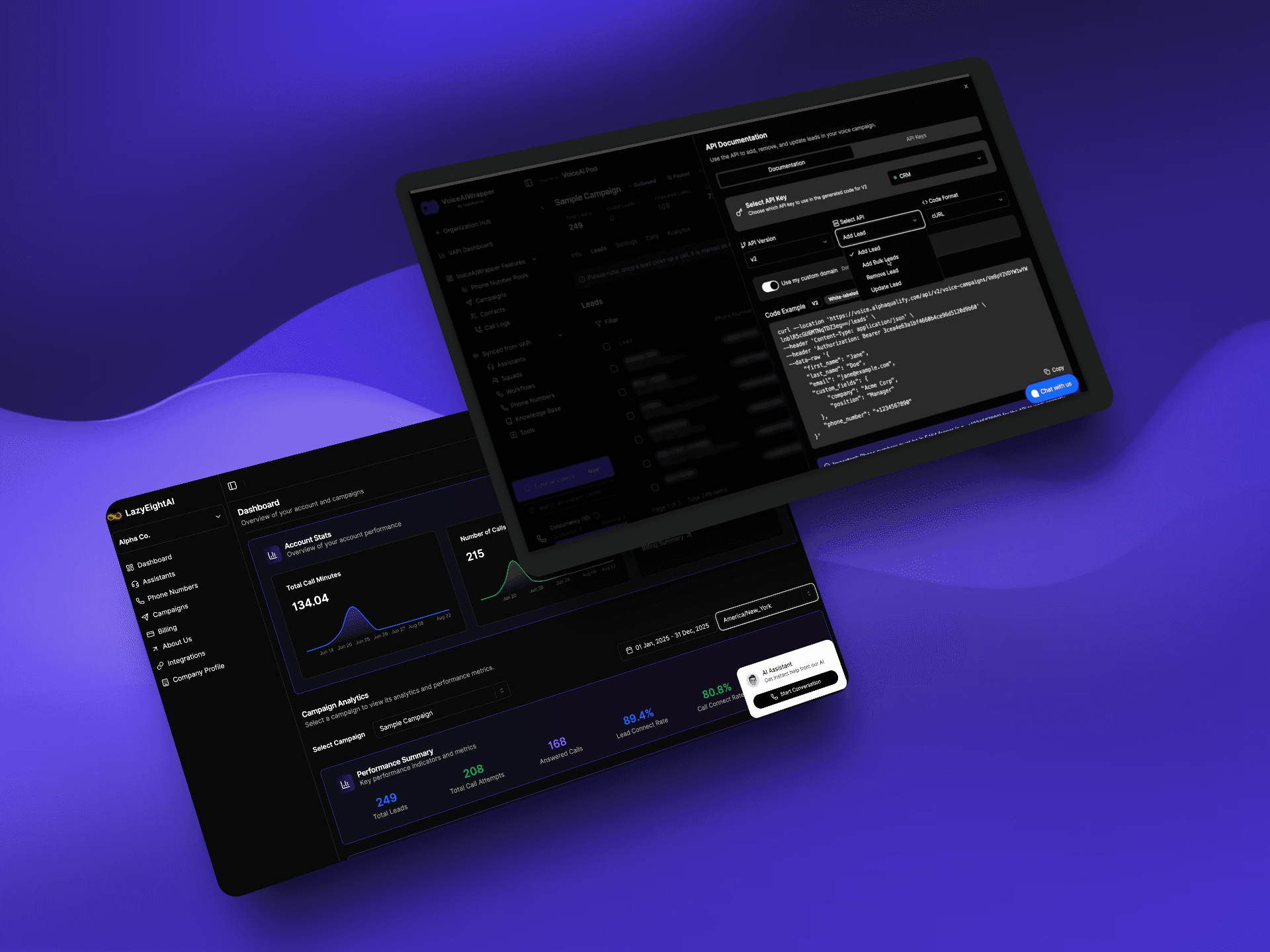 Awaz.ai alternative with advanced features for voice AI white label agencies | VoiceAIWrapper - Professional dashboard showing API documentation with code generation, conversation management, webhook integrations, comprehensive campaign analytics with 124.02 account days and 215 calls, real-time performance graphs, sentiment analysis (98.4% call sentiment, 50.8% lead scoring), lead categorization, and advanced reporting tools for white-label voice AI agencies | VoiceAIWrapper