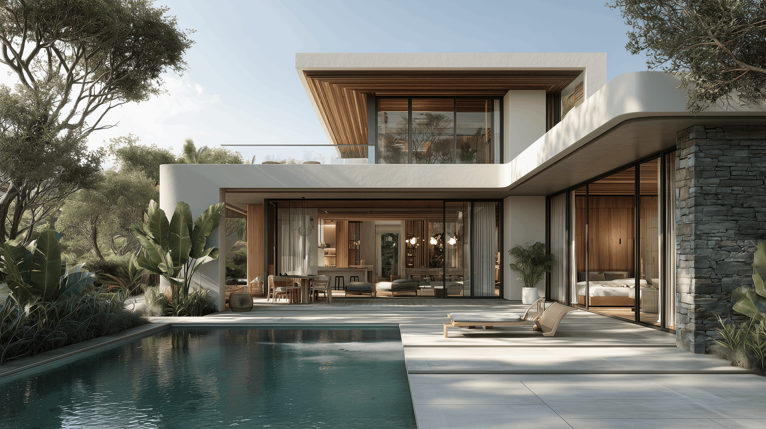 Modern luxury house with large glass windows, outdoor seating, and a swimming pool