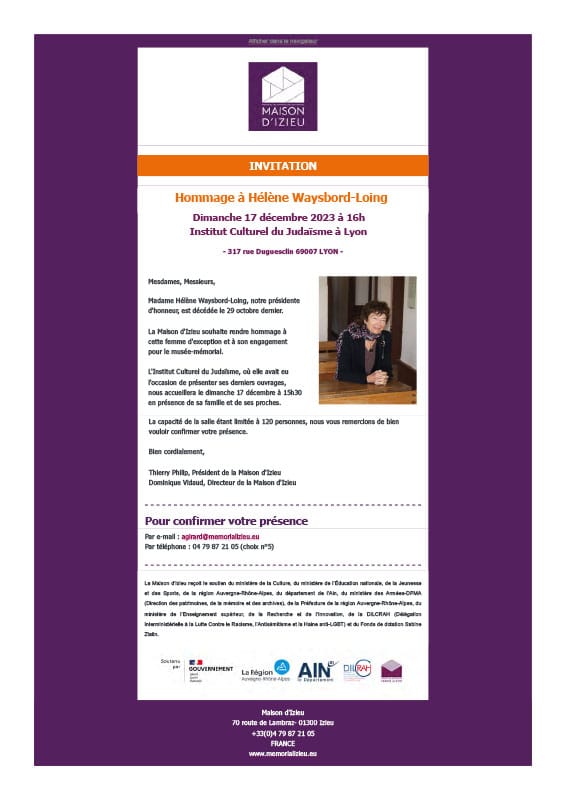 Invitation à l'hommage a Hélène Waysbord-Loing