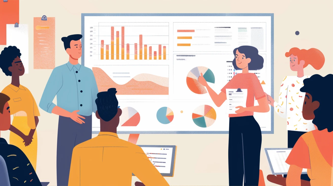 Une équipe discute devant un tableau blanc montrant des éléments de performance