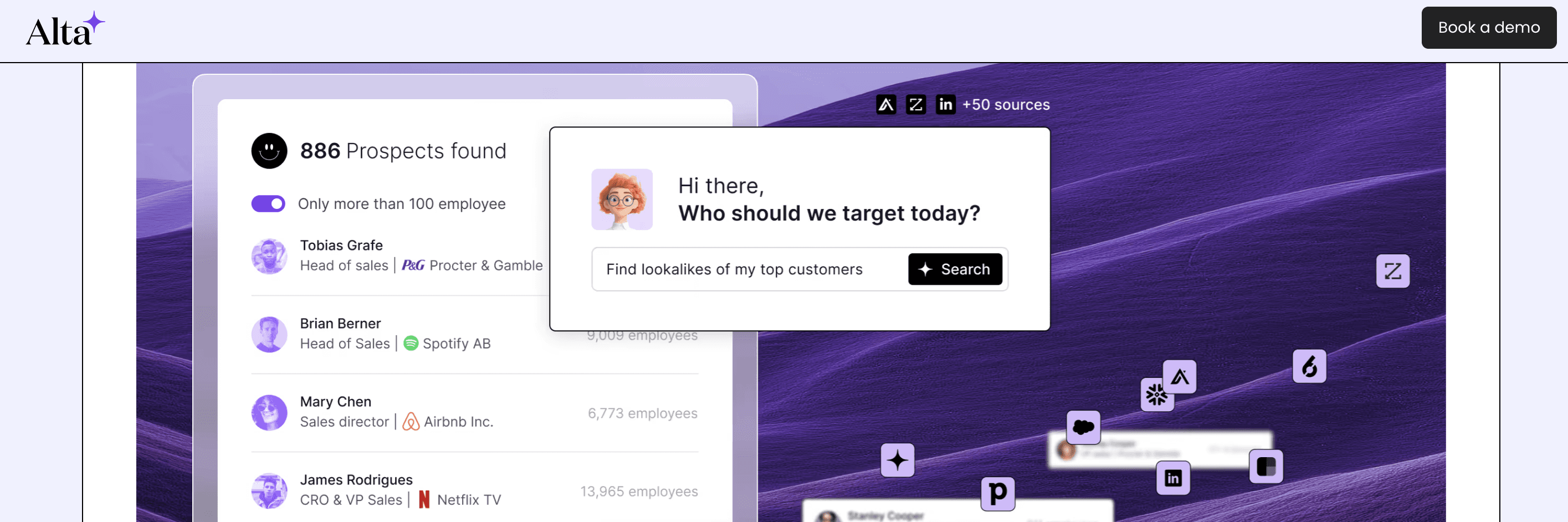 Alta home page with a prospect search panel listing matching contacts and a badge counting more than 50 data sources
