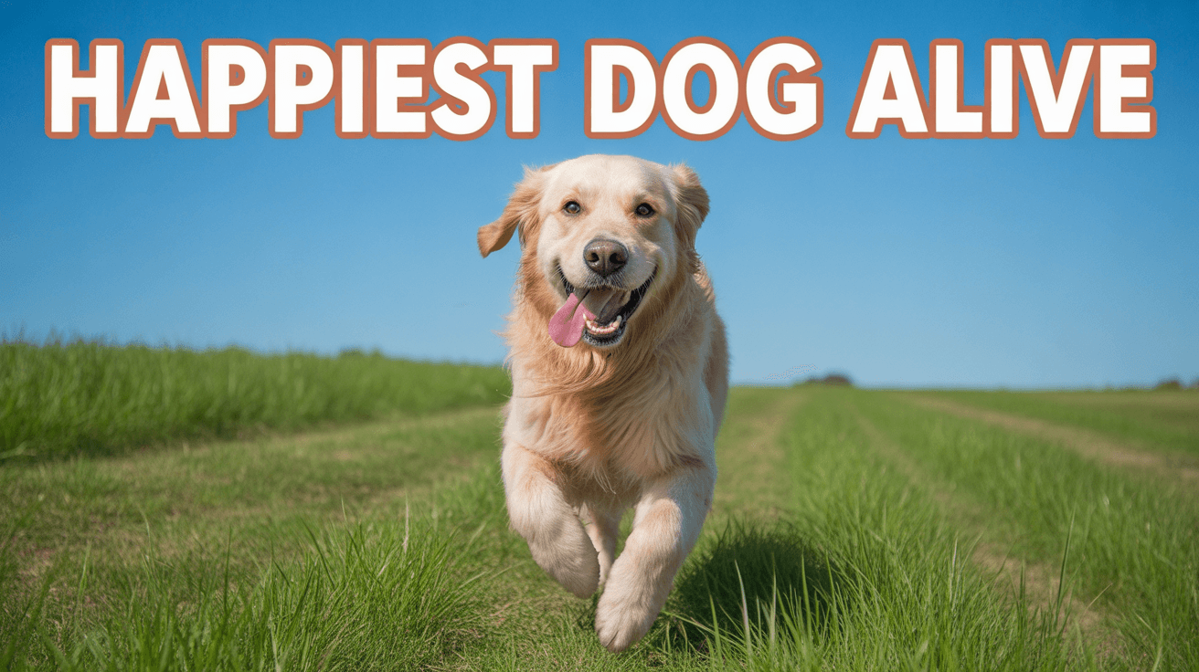Golden retriever running through bright grass under blue sky with Happiest Dog Alive headline