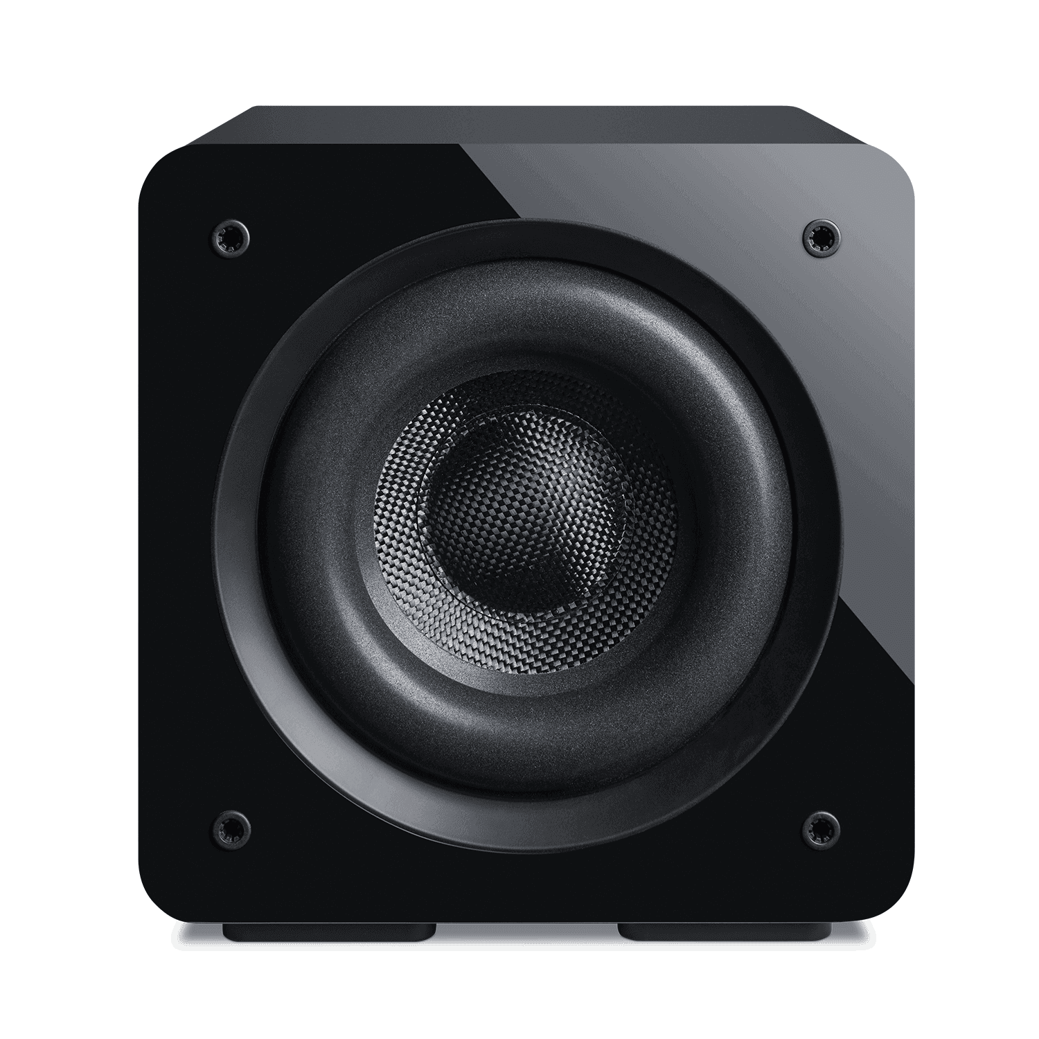 Black subwoofer with exposed speaker cone