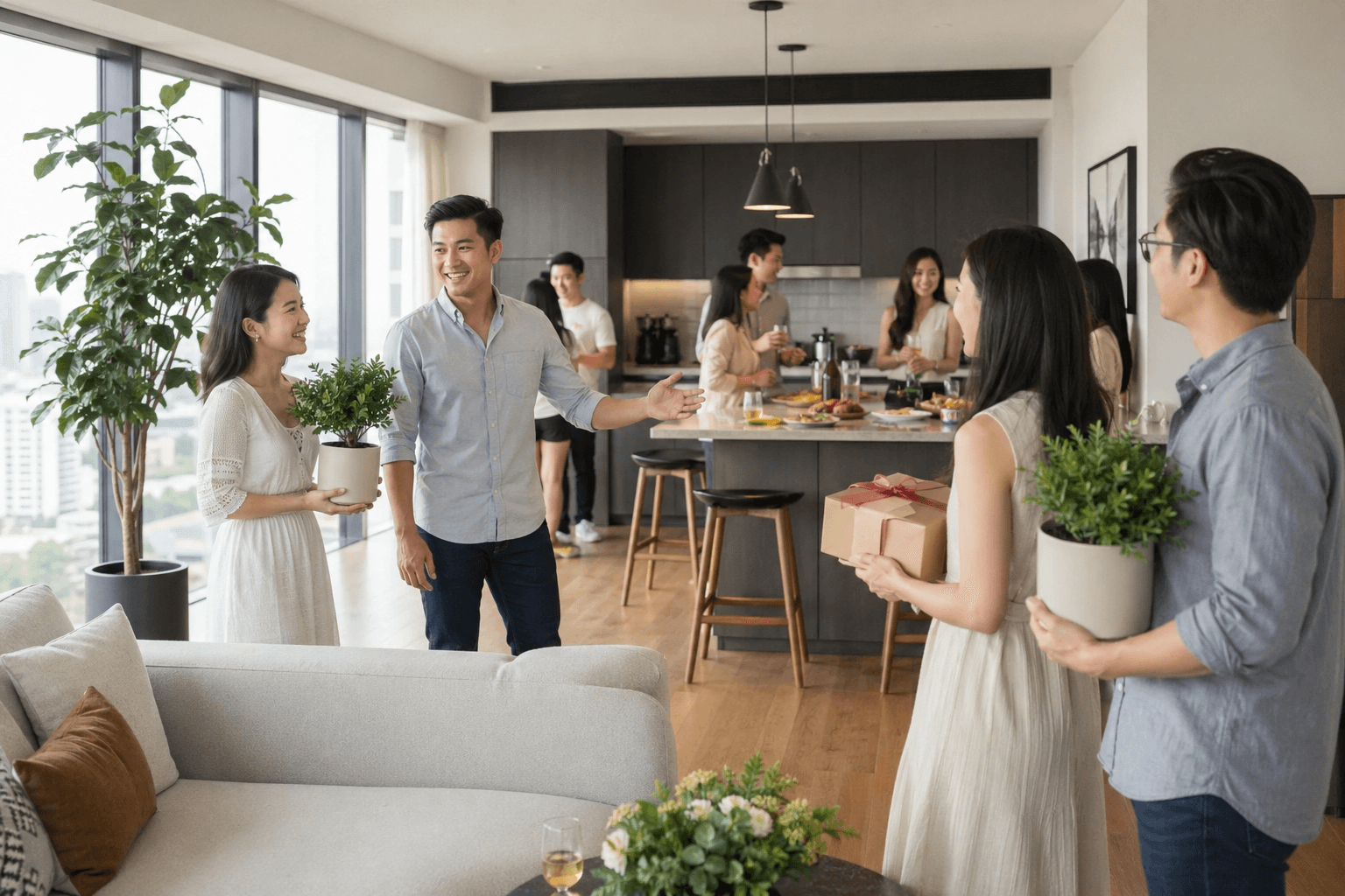 BW Event 360 策劃的溫馨入伙派對，好友於現代風格家居聚首並送上盆栽賀禮。