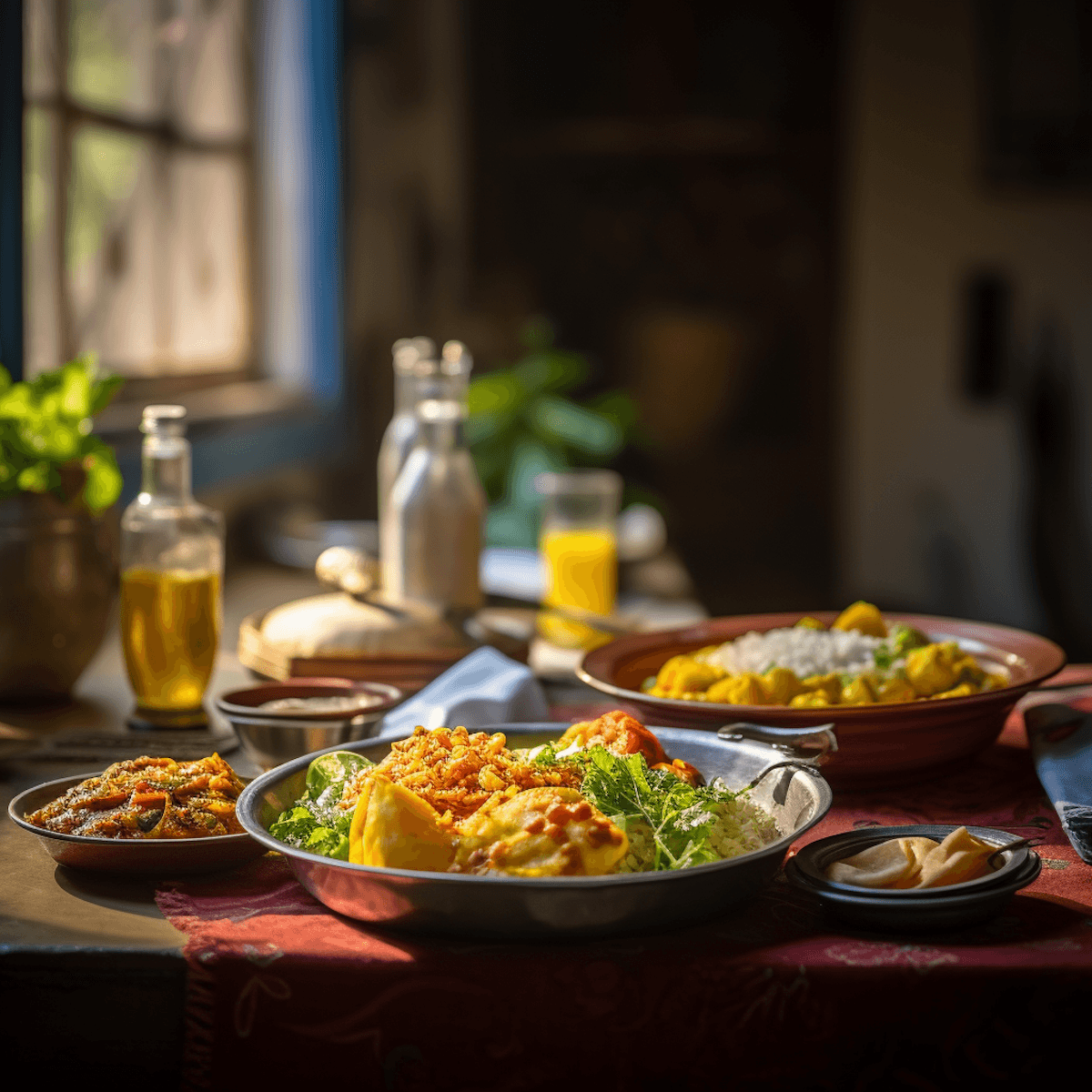 A rustic indoor scene featuring a table set for a meal, including two bowls of rice-based dishes topped with garnishes, an oil bottle, bread, a glass of juice, and milk bottles, all bathed in natural light streaming from a window.