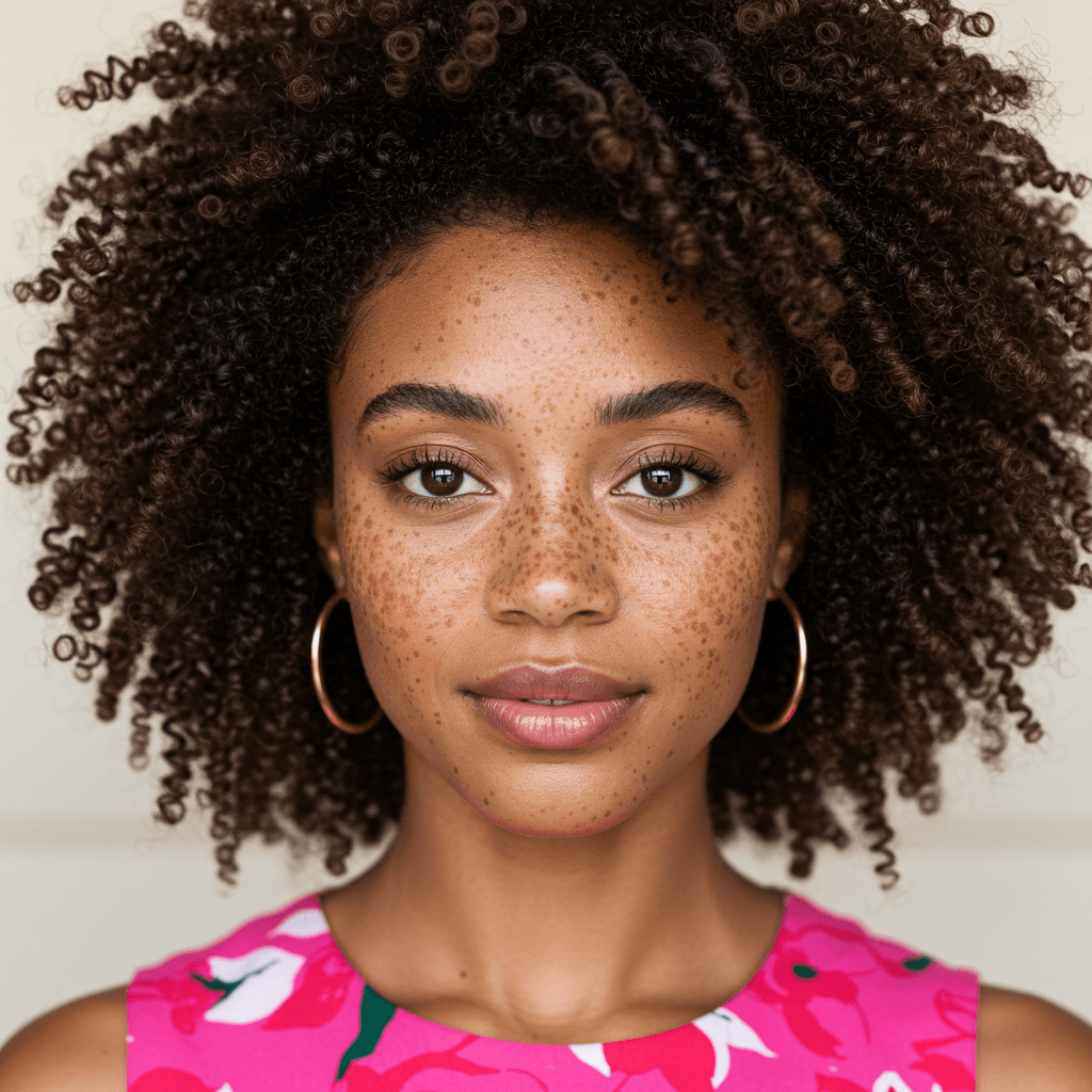Serene portrait of a woman with dark curls and freckles, wearing hoop earrings and a pink floral top, plain background.