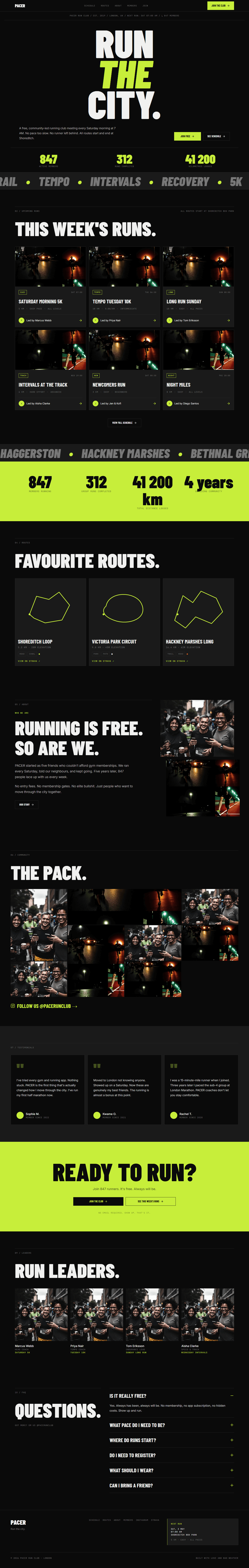 Run club website prompt full preview — near-black background, bold white Barlow Condensed 900 headline "RUN THE CITY." with electric lime accent, hero stats row, and upcoming run schedule cards with distance, pace, and leader info below