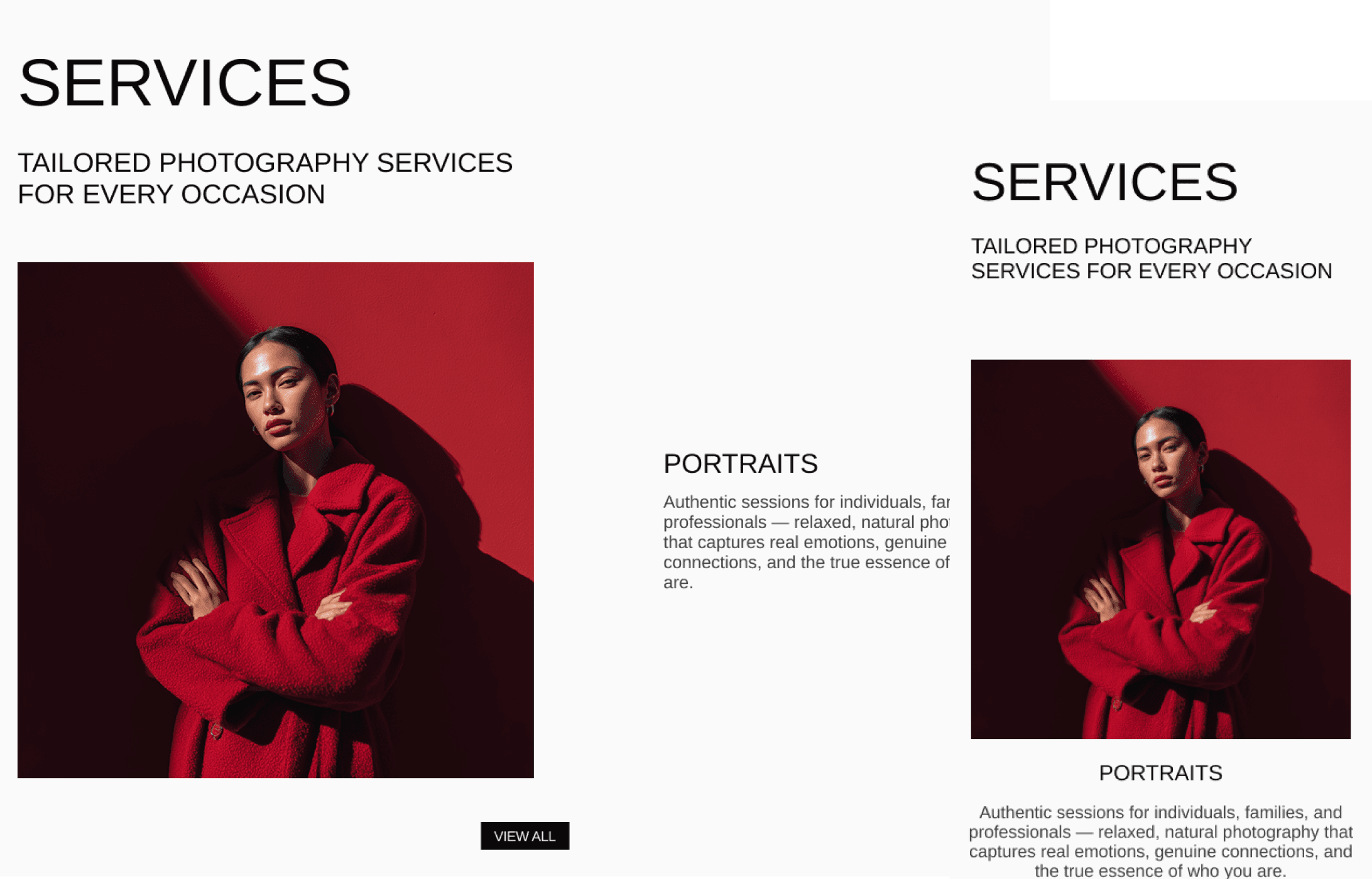 Minimal and modern website design with a woman in a red dress