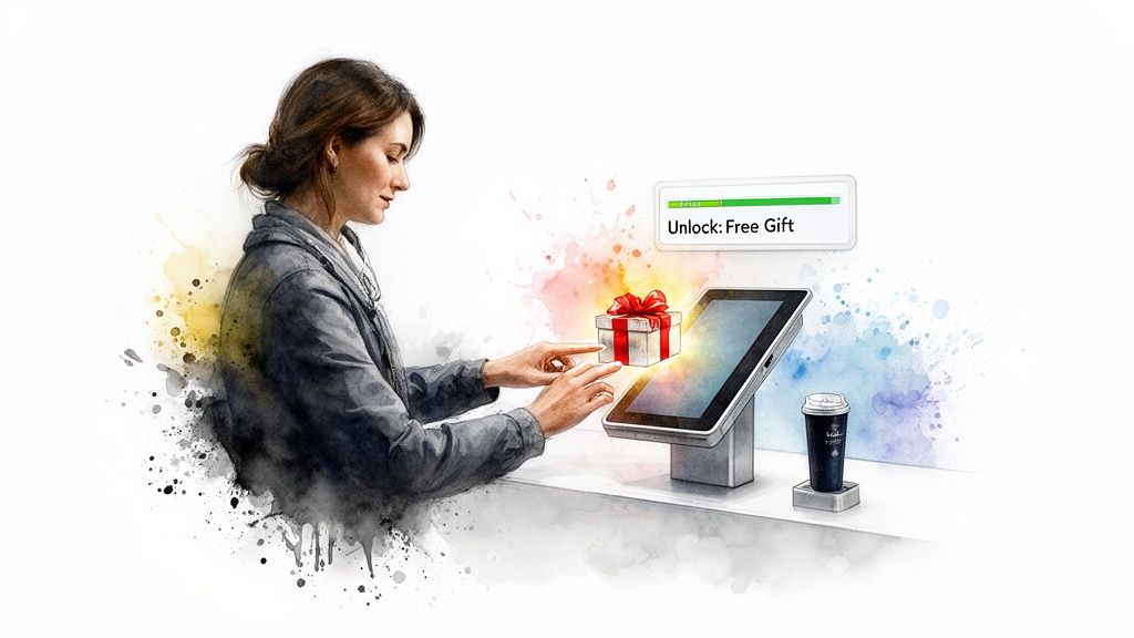 A woman interacts with a tablet, about to unlock a glowing free gift as part of a loyalty program.