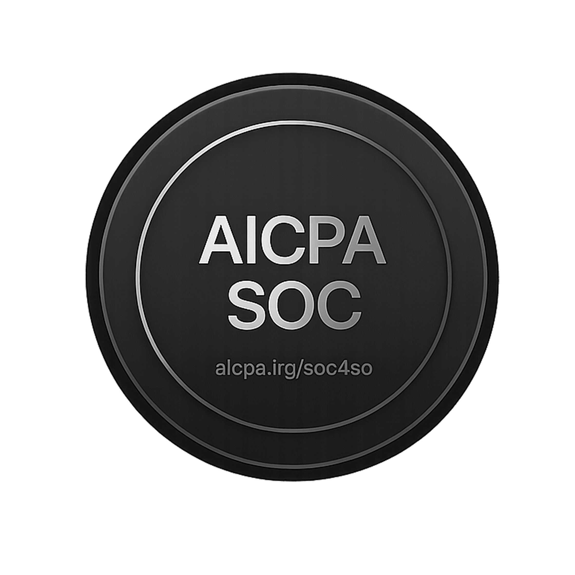 Black circular seal with metallic silver text reading AICPA SOC and aicpa.org/soc4so.