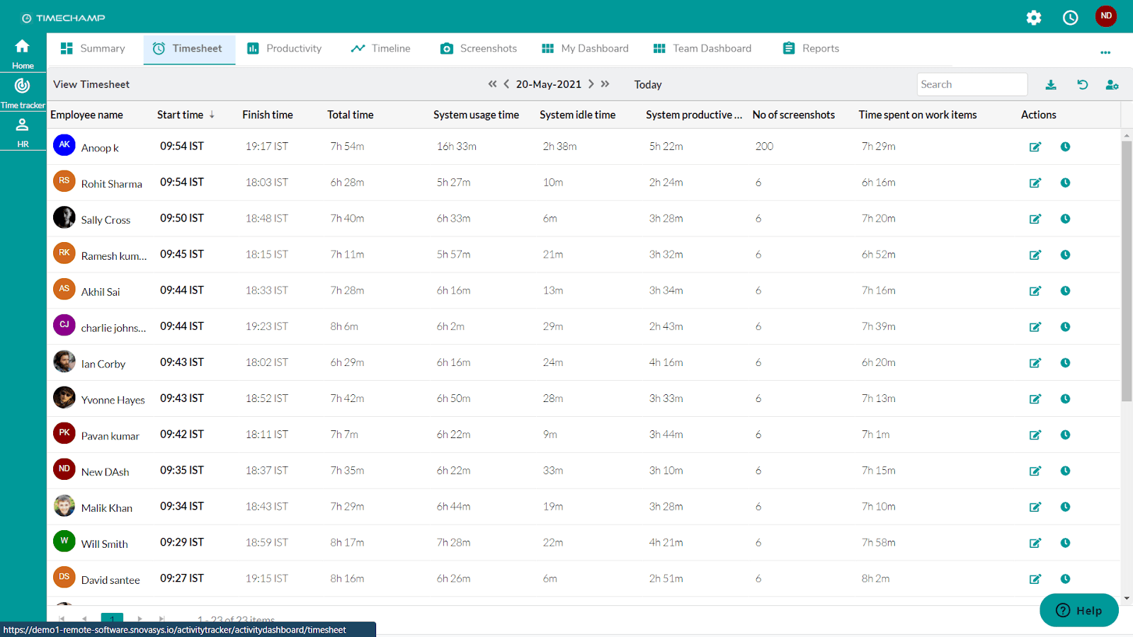 View time sheets to check and manage attendance in Time Champ.