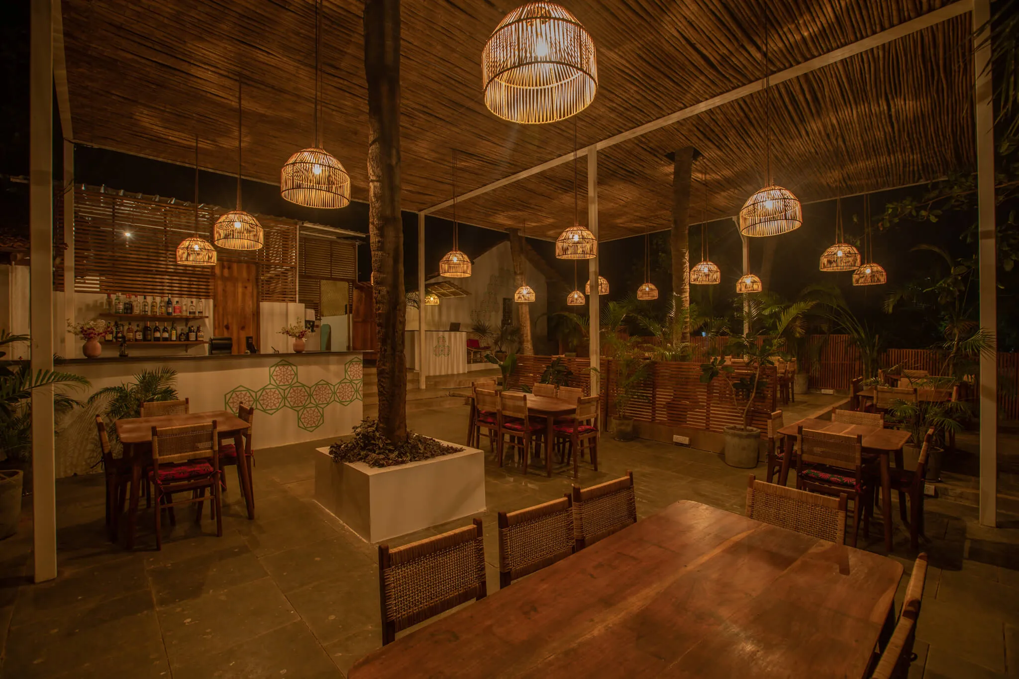 Night falls over Jaali Kitchen's dining room