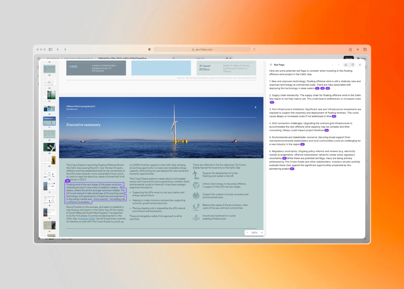 Screenshot of a generative AI platform analyzing a report on offshore wind investments, showing a floating wind turbine image, key metrics, and highlighted red flags for risk assessment.