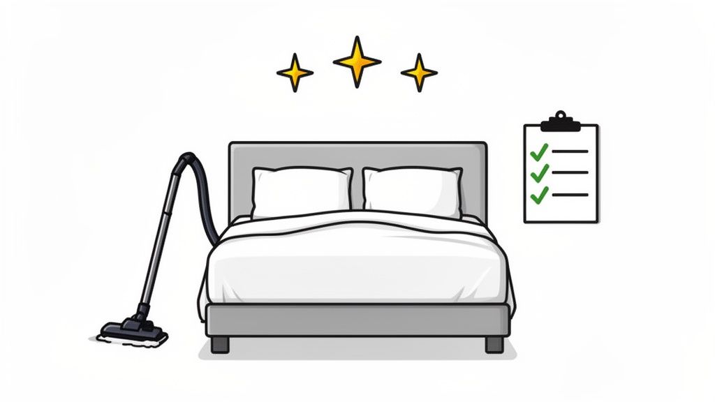 An illustration of a freshly made bed with a vacuum cleaner, a checklist, and three shining stars.