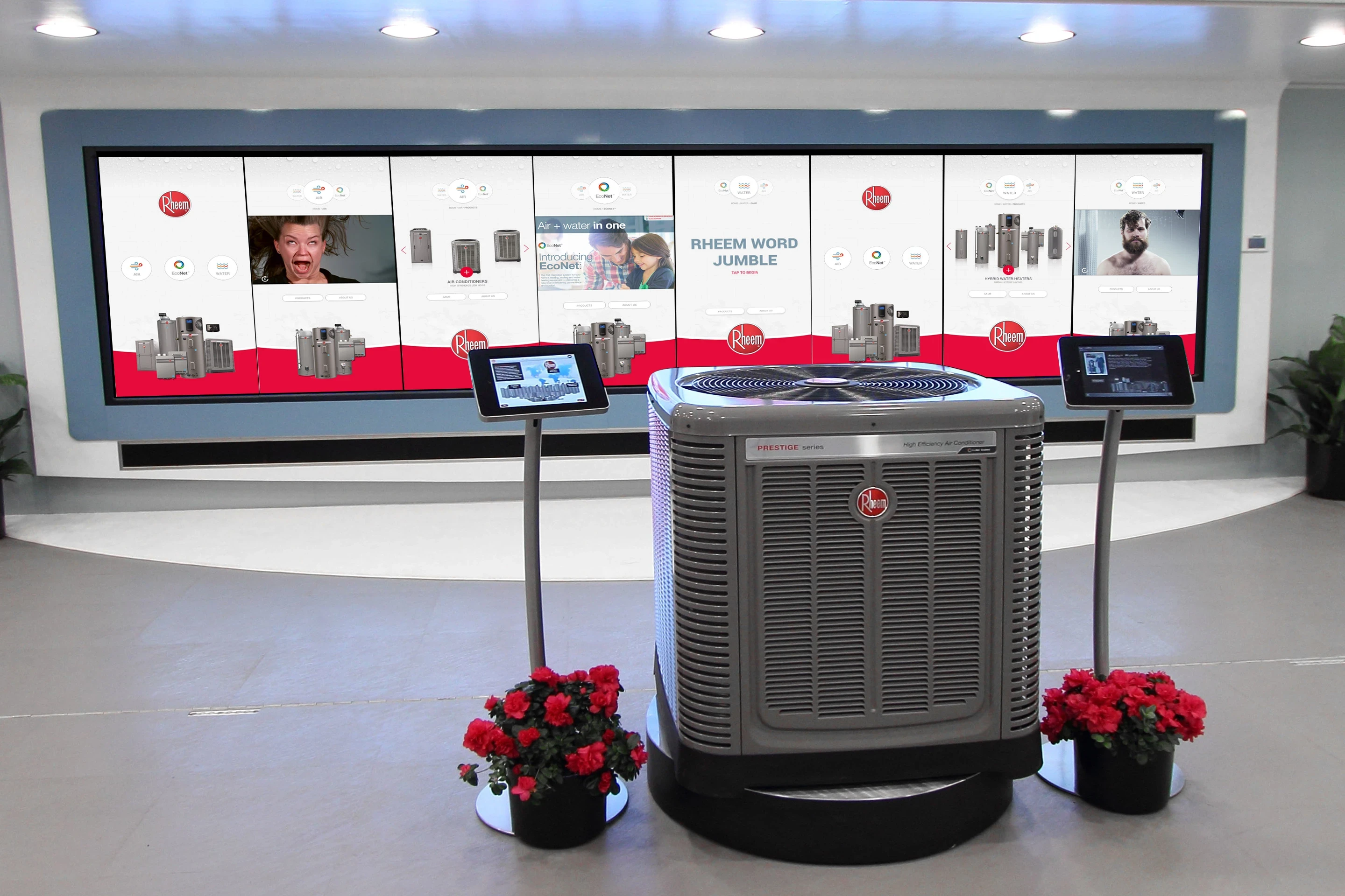 The Virtual Product Lab. Centered around an 8-panel interactive video wall, this digital learning hub allowed users to navigate a vast library of educational content—from high-level brand storytelling to deep-dive technical schematics.