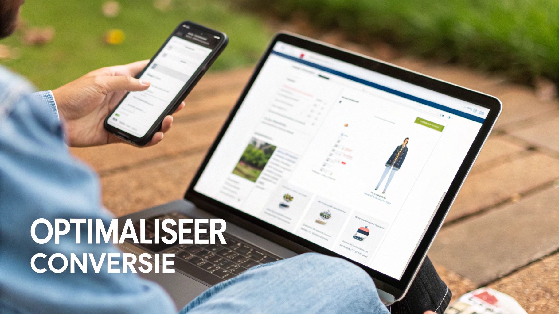 Een persoon gebruikt gelijktijdig een smartphone en laptop om online te winkelen en conversie te optimaliseren.