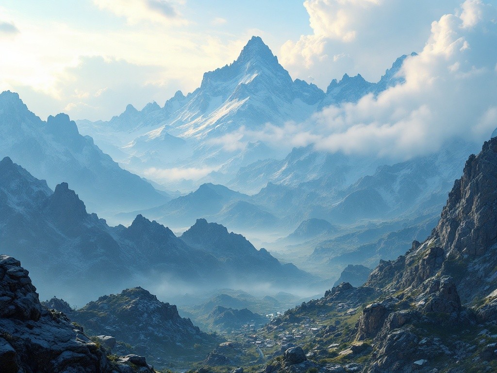 A mountain range with a peak covered in snow and clouds