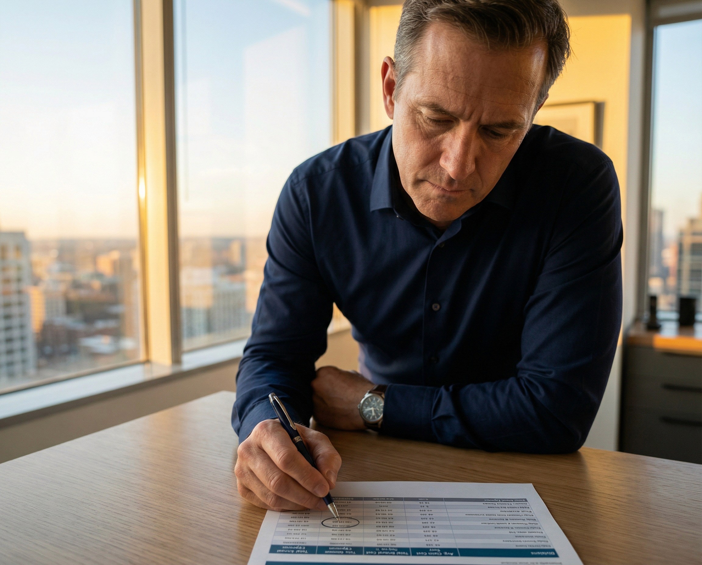 A CFO in his early 50s sitting alone at his desk in a corner office, late in the afternoon, the city skyline visible through the window behind him in the warm light of approaching sunset. He has a single printed page in front of him — a psychosocial risk financial exposure analysis showing a structured table: divisions down one side, average claim cost, claims frequency, total annual exposure, and a cumulative figure at the bottom — visible in layout and numerical structure but the specific numbers not legible. He is leaning forward, both forearms on the desk, looking at the cumulative figure at the bottom of the page with the expression of a CFO who has just seen a number large enough to change how he thinks about the investment.