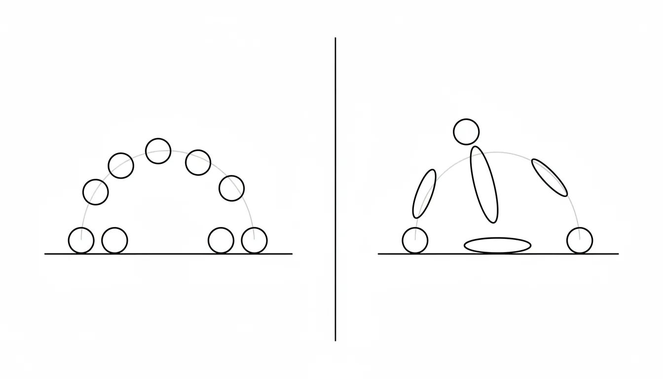A minimalist 2D vector diagram on a stark white background, illustrating the animation principle of "squash and stretch" with a bouncing ball. The diagram shows a side-by-side comparison of two bouncing sequences. A single horizontal black line represents the ground. On the left, a rigid ball bounces, maintaining its perfect circular shape in each frame. On the right, a ball realistically deforms, squashing into a wide oval upon impact with the ground and stretching into a tall oval at the fastest parts of its bounce. Faint, smooth grey lines trace the parabolic arc of motion for each ball. Clean, simple black outlines.