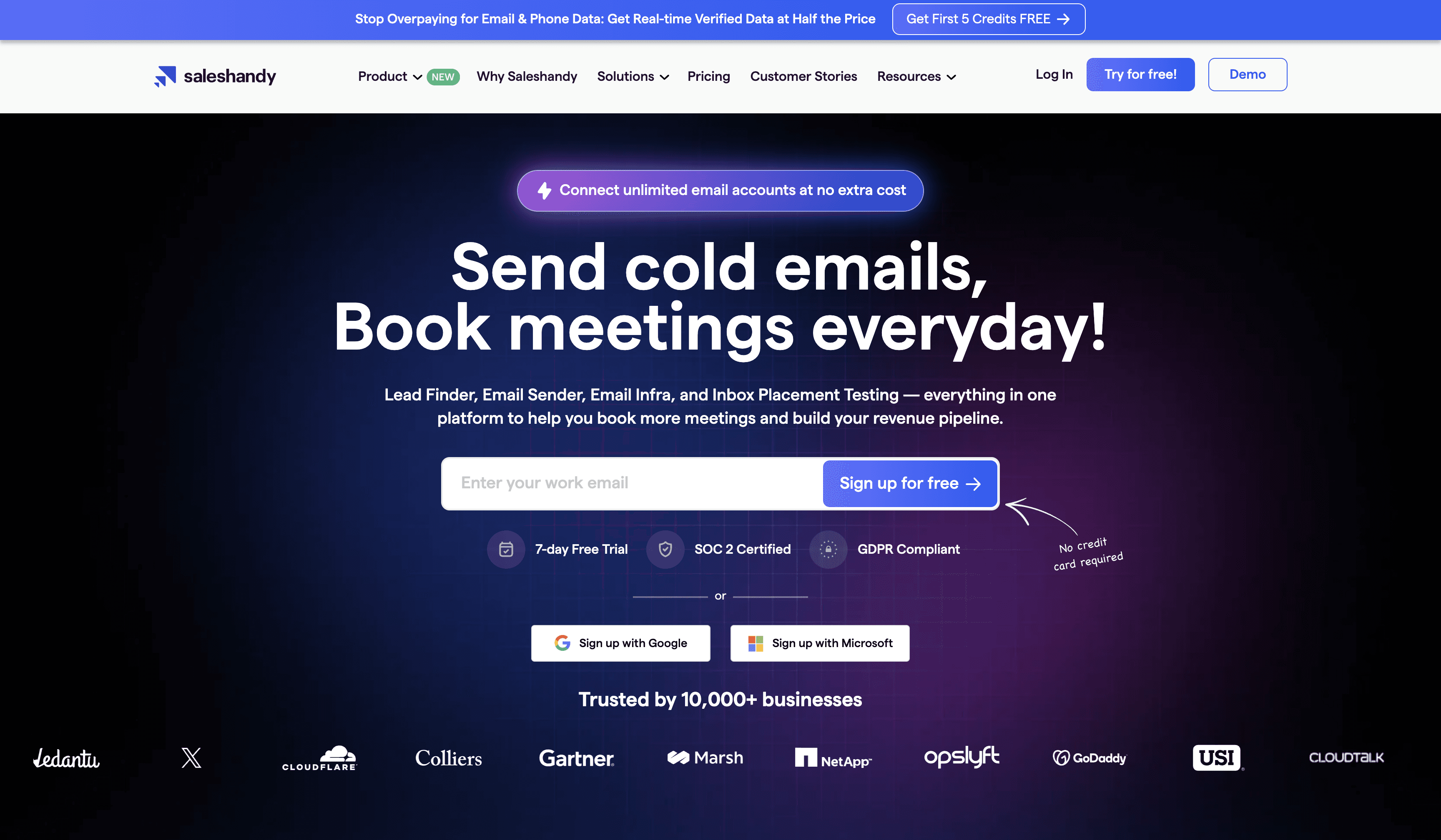 Saleshandy homepage highlighting unlimited email accounts and multi-client agency management features