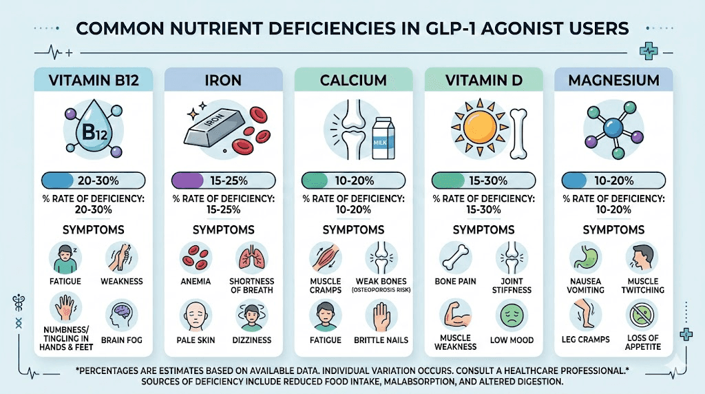 GLP-1 vitamin deficiency rates chart showing vitamin D, B12, calcium, and magnesium depletion