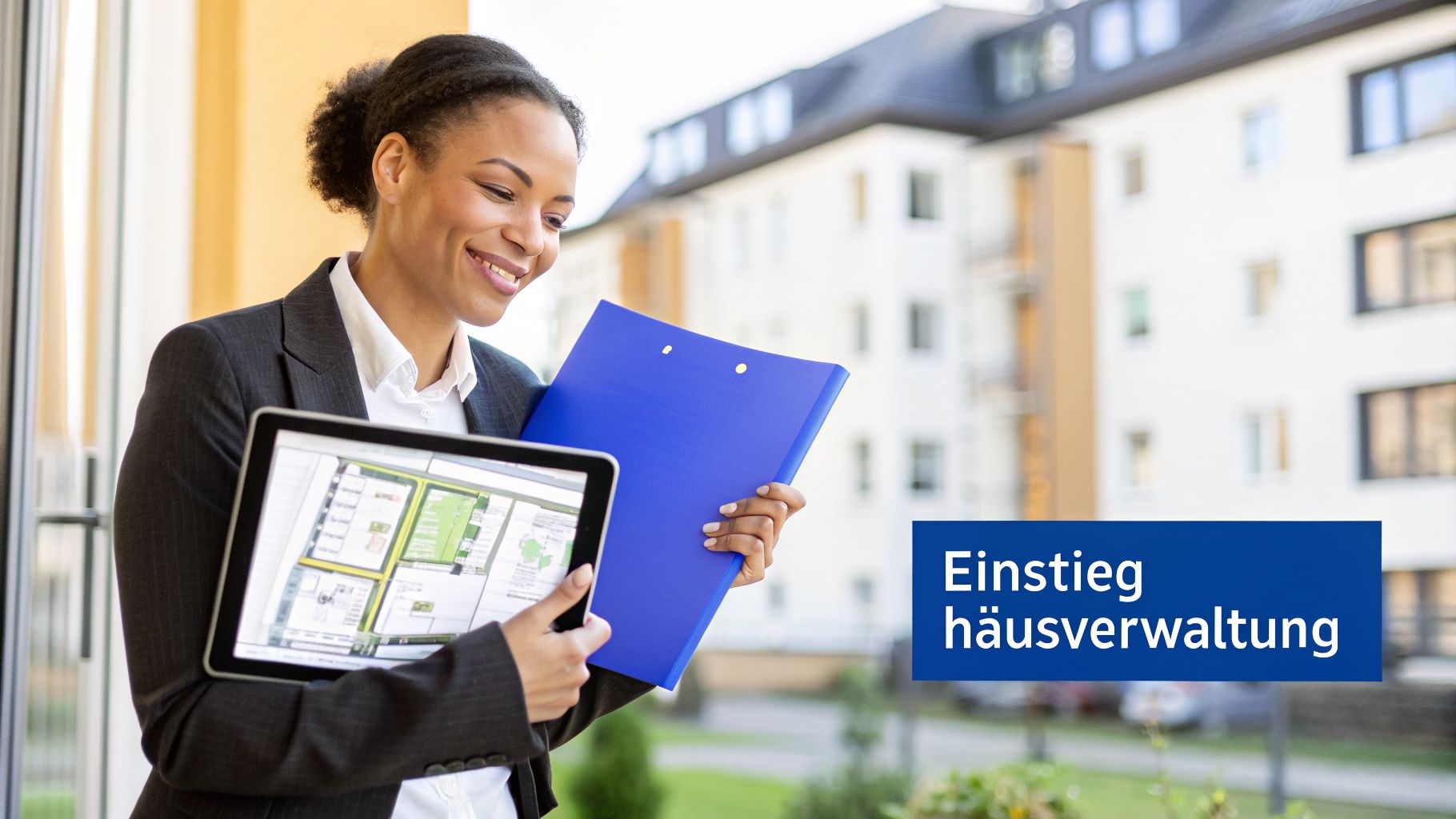 Lächelnde Immobilienverwalterin mit Tablet und blauem Ordner vor modernem Wohngebäude, thematisch 'Einstieg Hausverwaltung'.