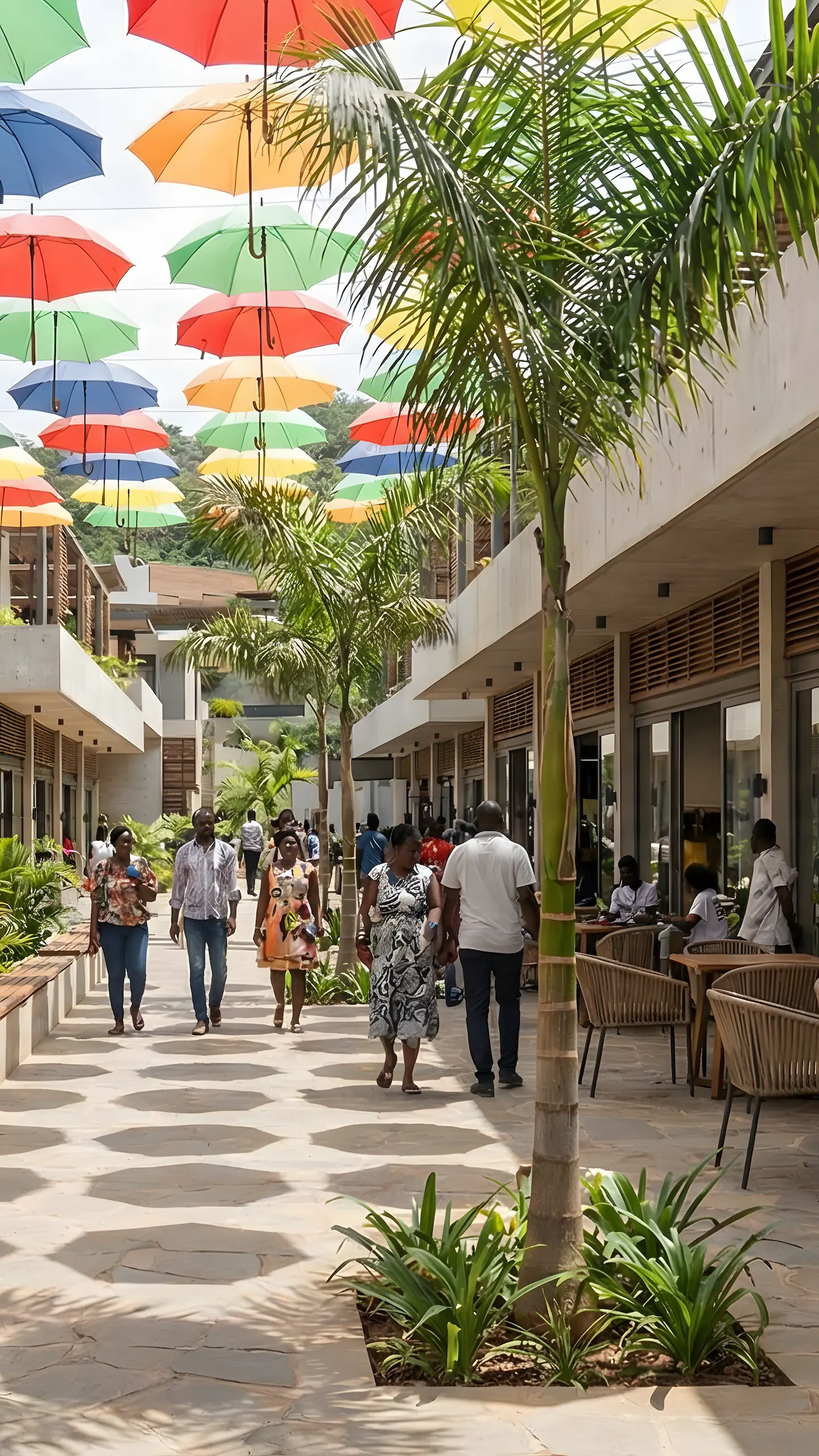 Rendered town square walkway lined with shops and cafes beneath a canopy of coloured umbrellas