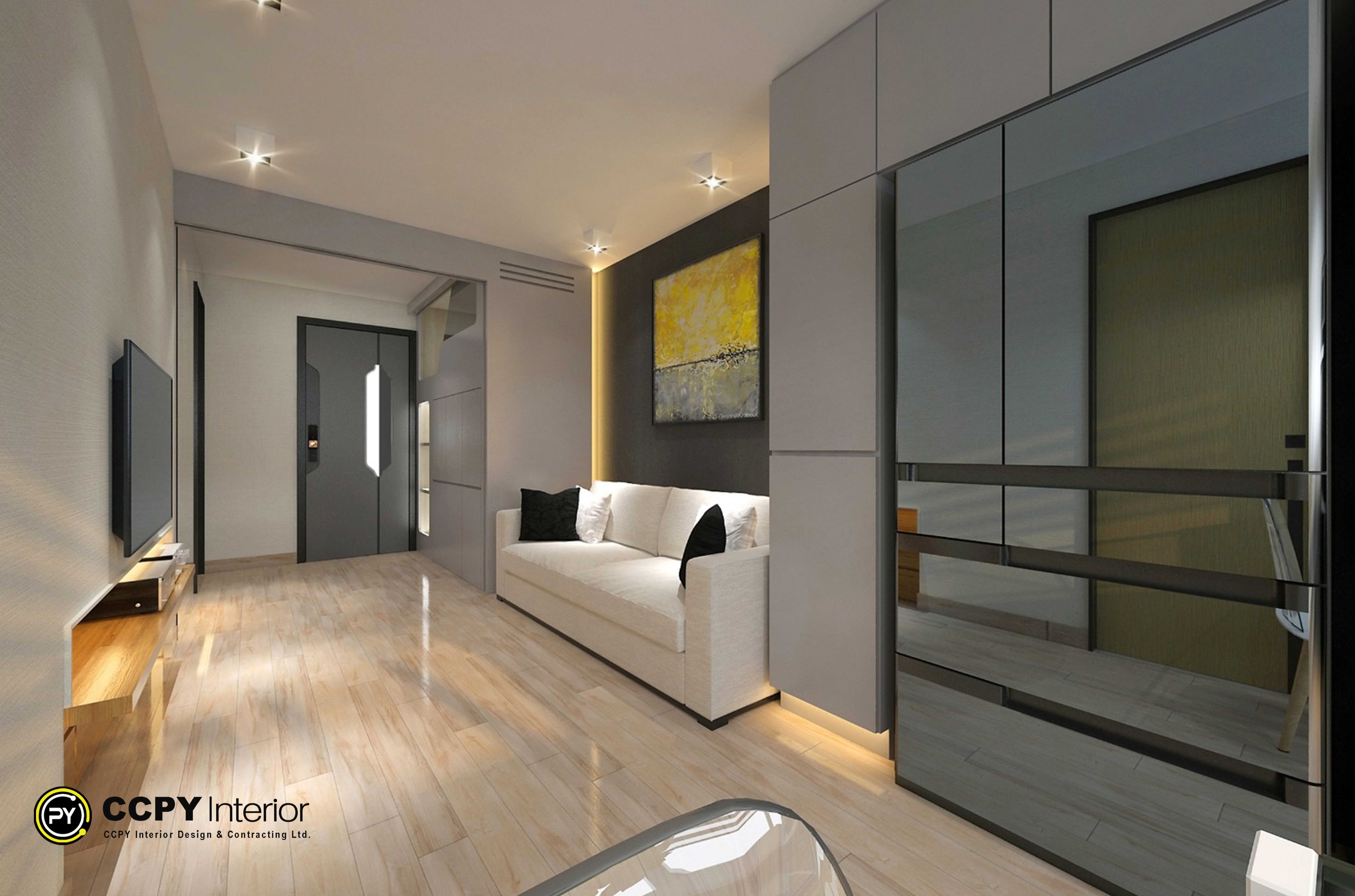 This residential interior design project by CCPY Interior Design in Pok Yat House, Sha Tin, features a warm contemporary aesthetic with glossy marble-look flooring, light wood textures, and integrated LED lighting. The design enhances the living room's brightness and space through custom storage solutions, including high-gloss and mirrored cabinetry. The color palette, comprising charcoal grey, crisp white, and natural wood finishes, creates an upscale ambiance.
