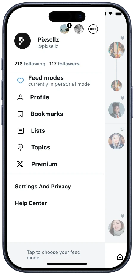 After: Feed modes menu item shows the current mode