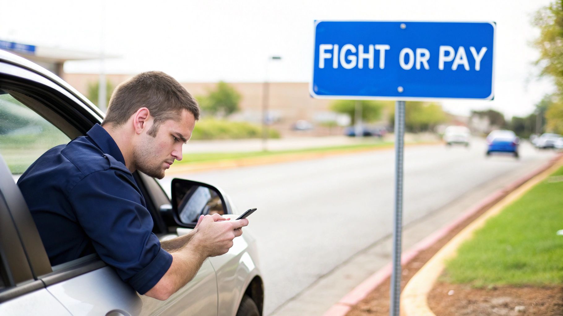 A man in a car looks at his phone next to a blue 'FIGHT OR PAY' road sign.