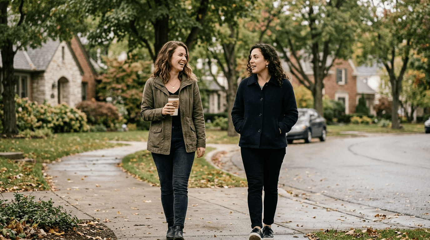 Two friends on a casual morning walk along a tree-lined sidewalk carrying coffee