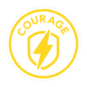 a logo with text and graphic elements.
The text "COURAGE" is written in a circular font.