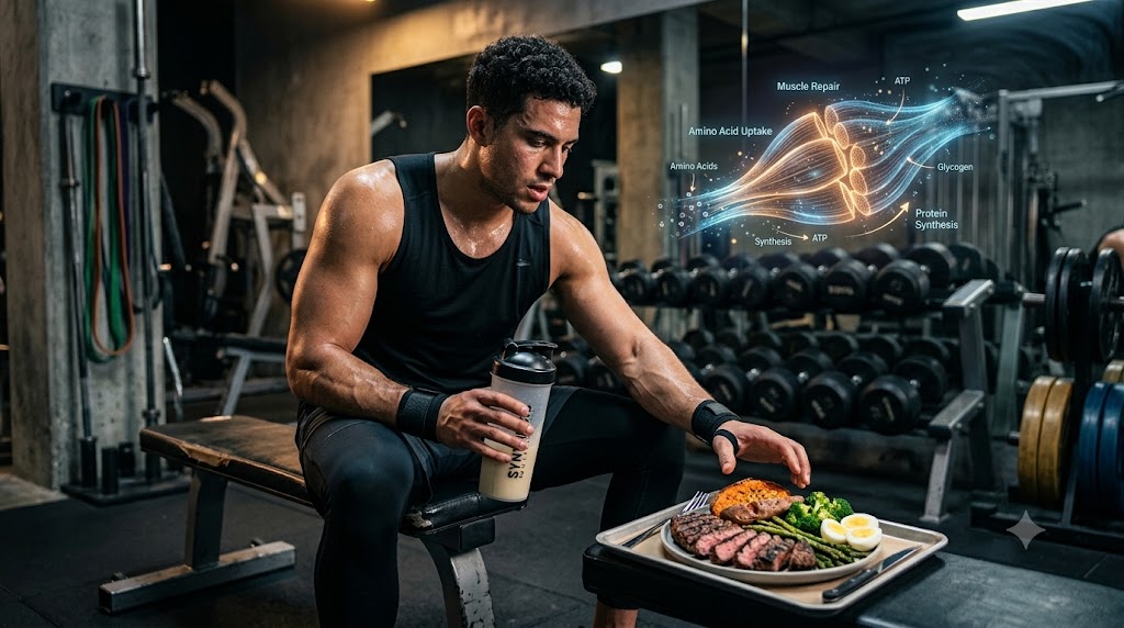A sweaty athlete sits exhausted on a gym bench holding a protein shaker, reaching for a healthy meal of steak, sweet potato, broccoli, and eggs. Behind him, a complex medical infographic with glowing orange and blue neural pathways and muscle fibers visualizes biochemical data points for Amino Acid Uptake, Protein Synthesis, Glycogen replenishment, and ATP production. Detailed nutrition facts tables for Protein, Fat, Carbohydrates, and Micronutrients are displayed with icons like a muscle, clock, and battery. The atmospheric 16:9 illustration compares instant muscle recovery (protein shake) and long-term repair (whole food meal) with clear labels and a premium scientific journal design.
