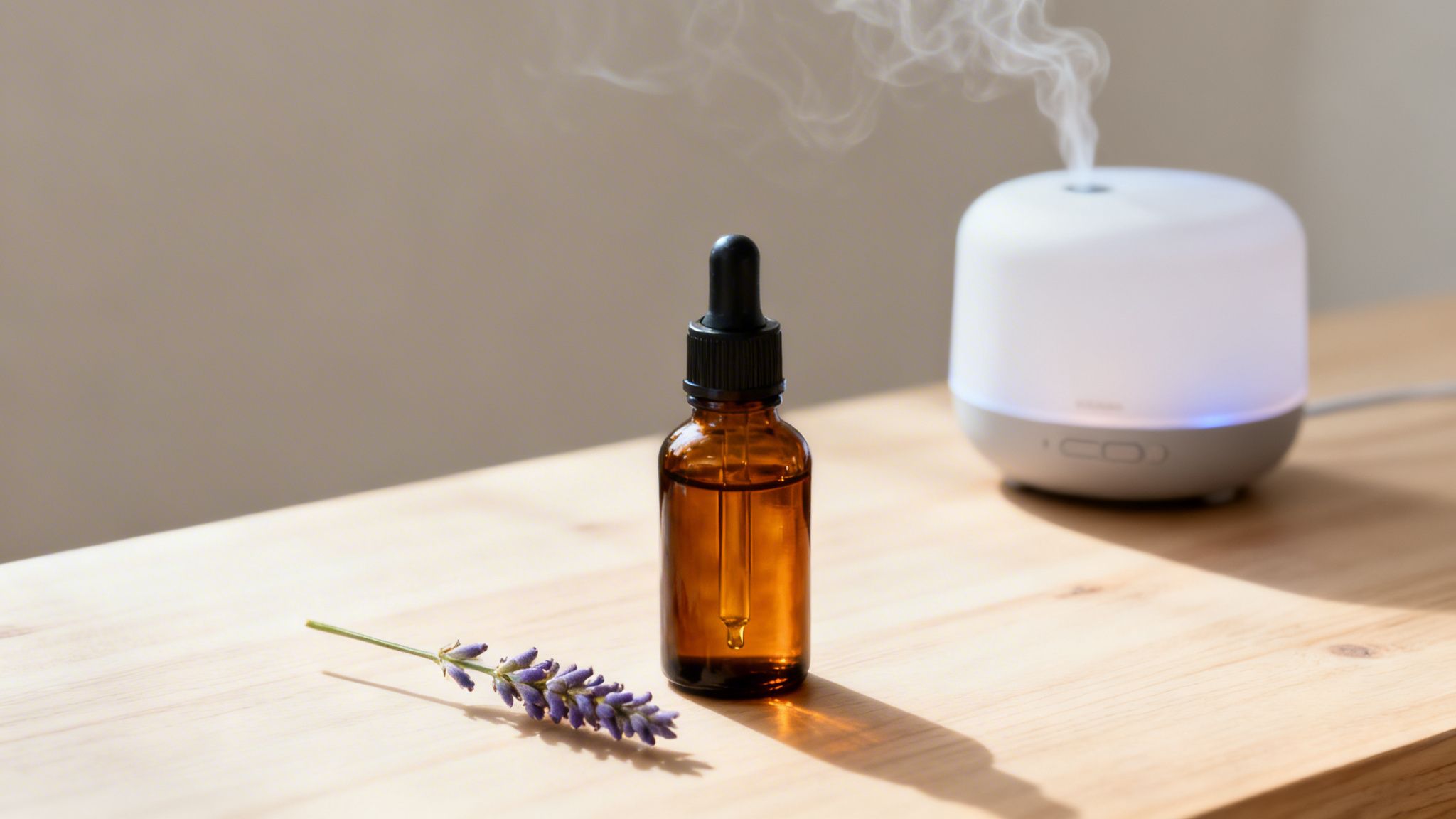 Aromatherapy setup with a brown essential oil bottle, lavender sprig, and a mist-emitting diffuser.