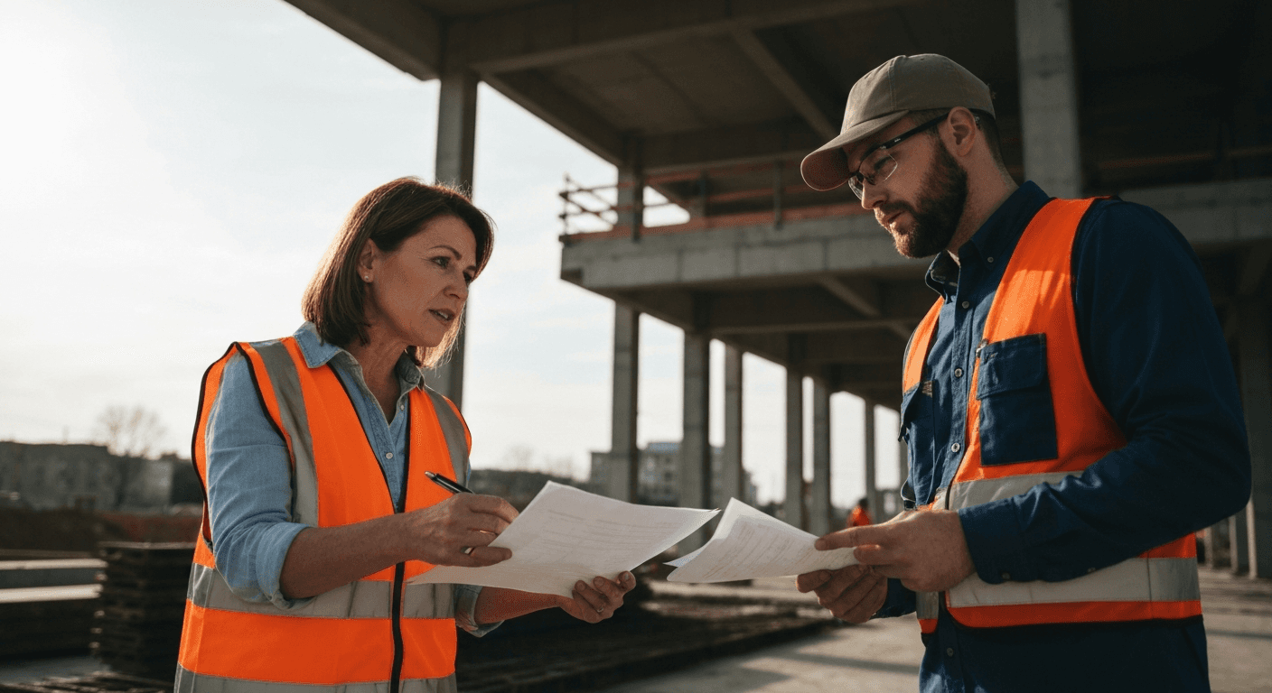 Manager and contractor discuss paperwork