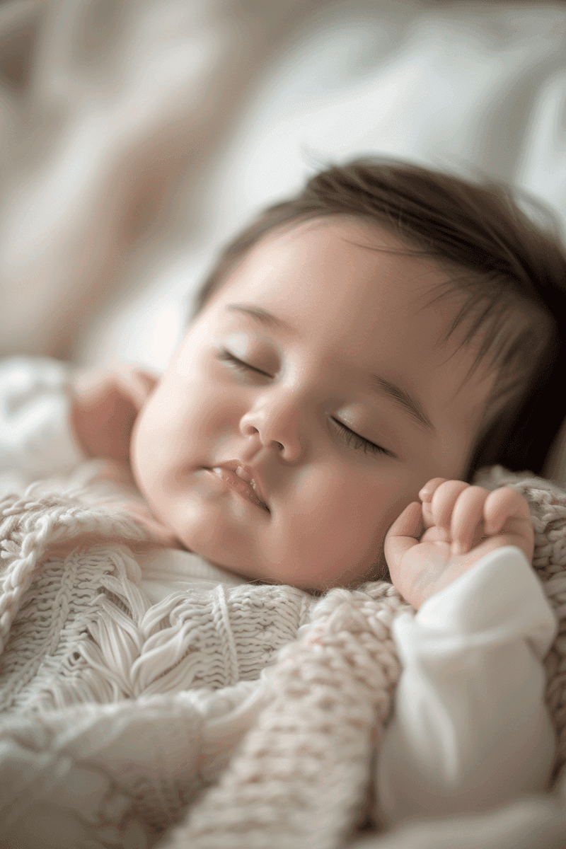 A peaceful baby with rosy cheeks sleeps soundly on a soft white blanket, wearing a knitted sweater, embodying tranquility and warmth.